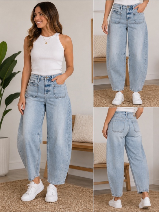 Vervet Denim - Vervet Barrel Leg Jeans 27 Light Wash High Rise Cropped Curved Denim EUC